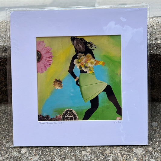 Print of a woman wearing flower dress, walking.