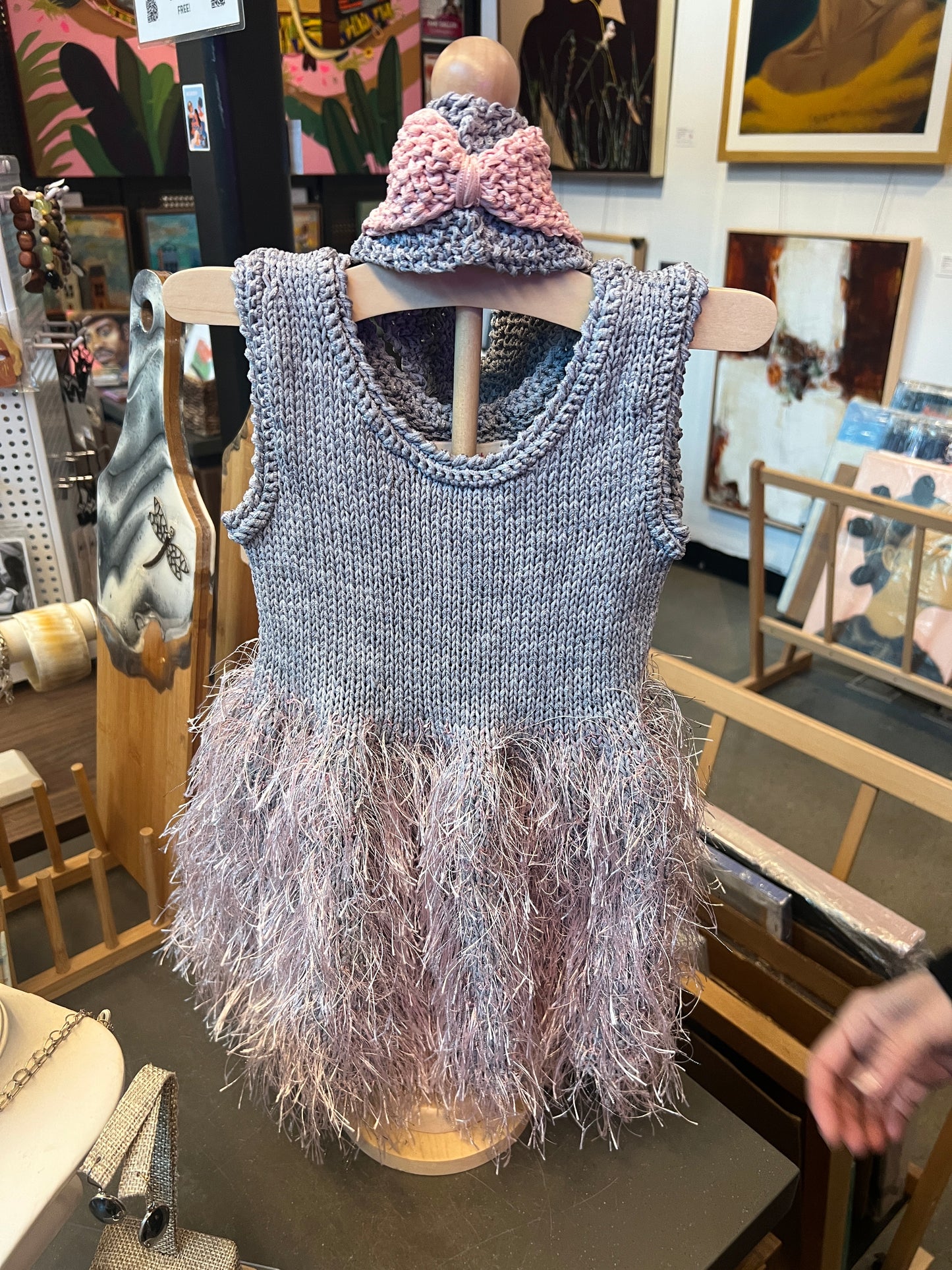 Grey and Blush Pink Handknit Dress by Edie Kasten